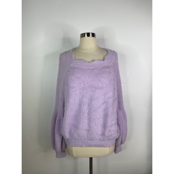 Lucy Paris Fuzzy Wavy Neckline Balloon Sleeves Sweater - Picture 1 of 10